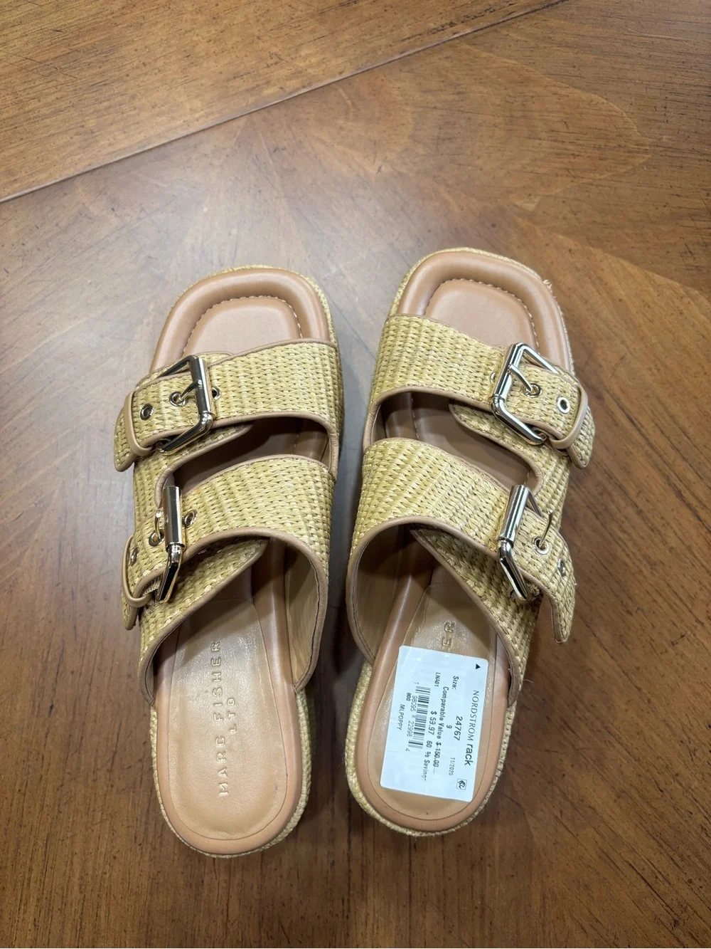 Marc Fisher Natural Raffia Double-Buckle Platform Slide